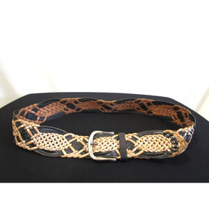 Linea Pelle Belt Brushed Silver, Black Woven Leather Wide Belt Women M, 35"-39"